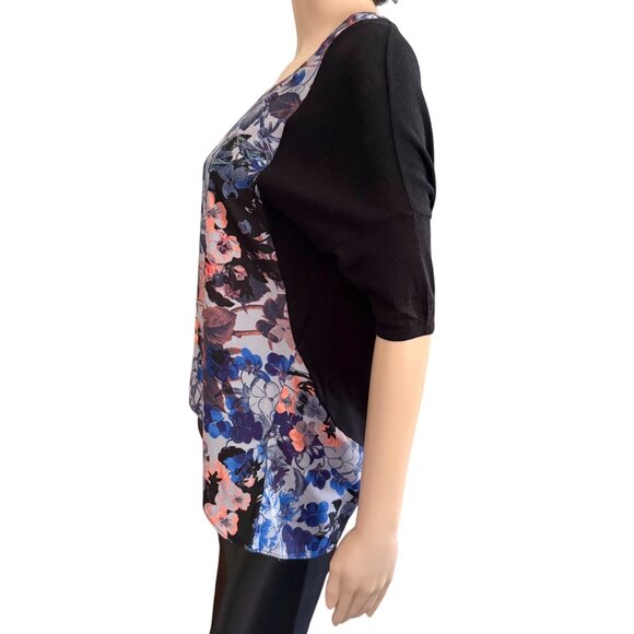 Anthropologie Meadow Rue Top Size Small Floral Knit Mixed Media Black Blue Coral - Picture 5 of 13